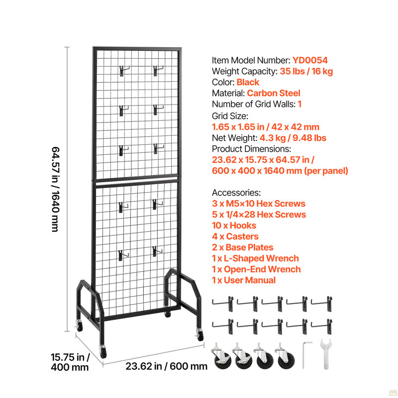 Présentoir mural grillagé 1,9 x 5,4 pi Grid avec roues et 10 crochets