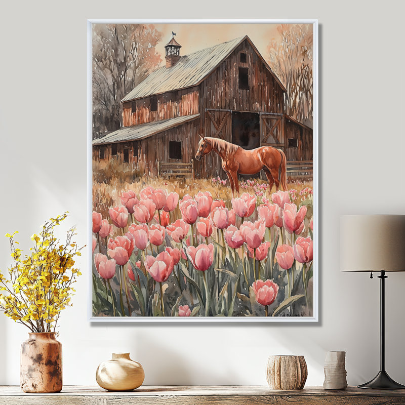 Dondu, tulipes et chevaux par la grange II - tulipes, art mural, H 32 po x l 16 po, Reproduction avec cadre flottant, Blanc