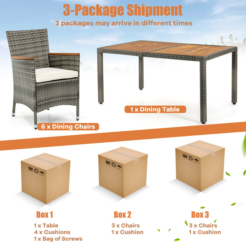 Kadenn 6 - Person Acacia Wicker Patio Dining Set with Rectangular Table , Cushions Included