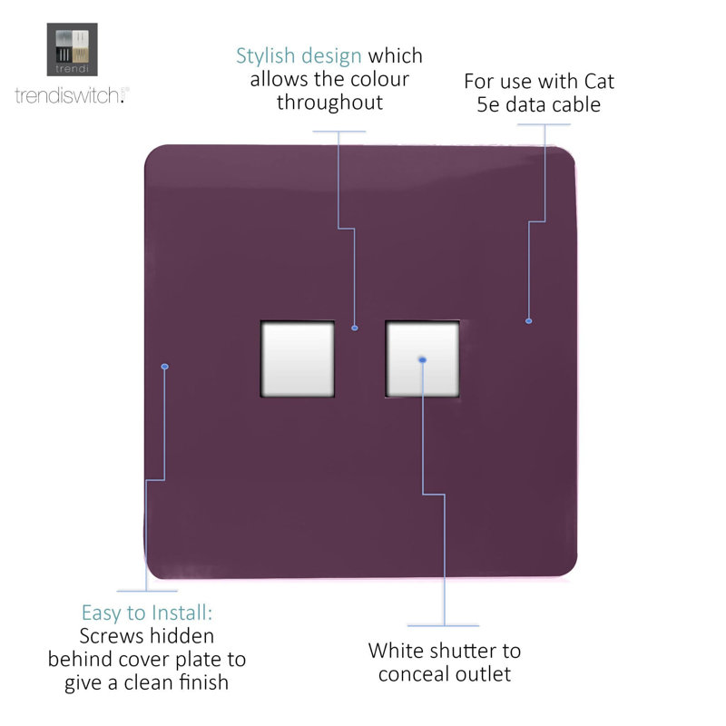 Amdanda Trendi Switch 2 Gang RJ45 Cat 5e PC Ethernet Socket, Plum