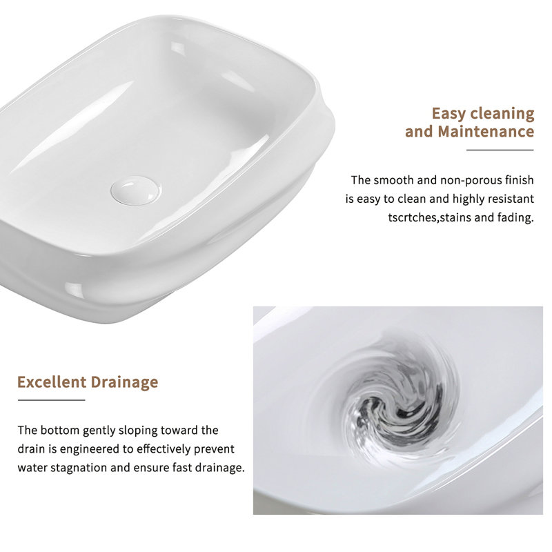 Modern Rectangular Ceramic Vessel Sink - 23.6"×16.9" Textured Bas Relief Design, No Faucet Hole, Gloss White Bathroom Basin N0 Drain (5.3" Height)