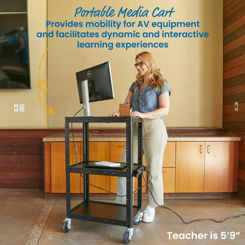 Black Alloy Steel Rolling AV Media Cart with Adjustable Shelves
