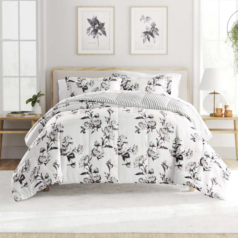 Gray All Season Down-Alternative Reversible Comforter Set in Vintage Magnolia Stripe, Twin Comforter + 1 Standard Sham