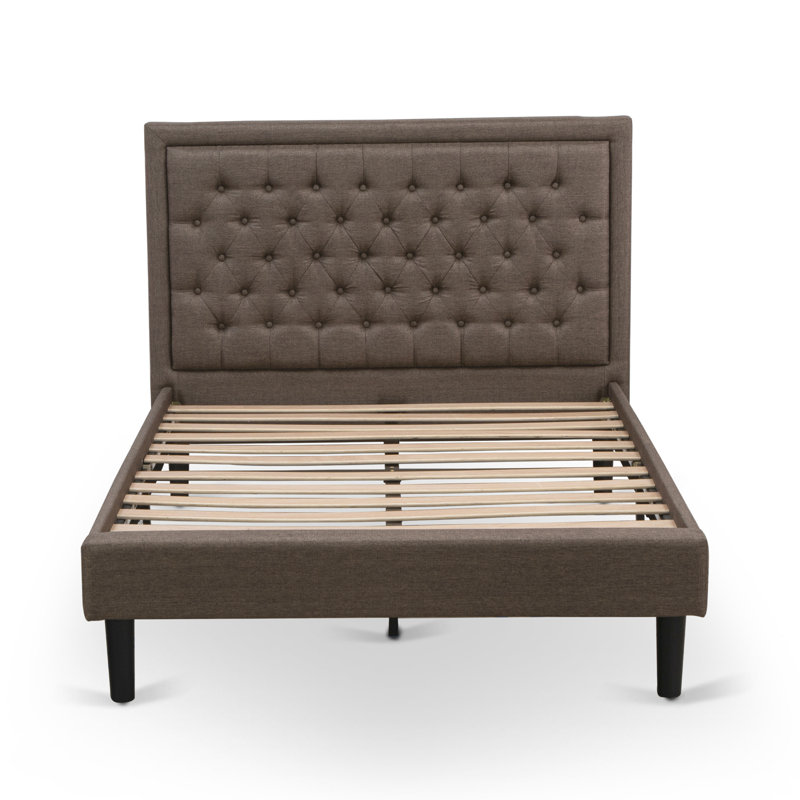Ensemble de chambre à coucher en bois 2 pièces - 1 lit plateforme avec tête de lit capitonnée en tissu de lin brun capitonné et 1 table de chevet en bois - Table de chevet à finition jacobine patinée