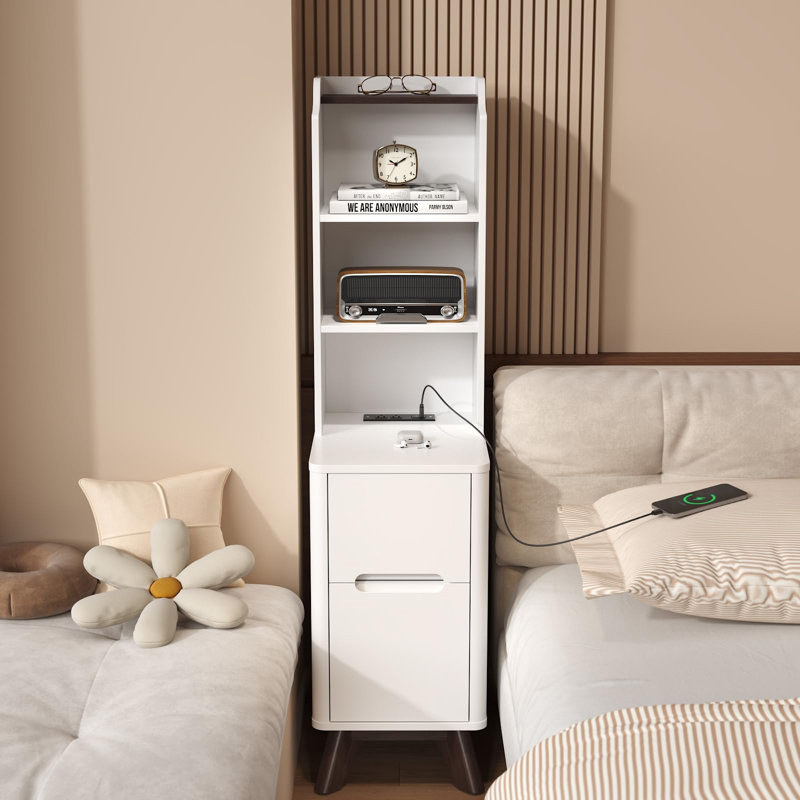 Tall Nightstand with Charging Station, White