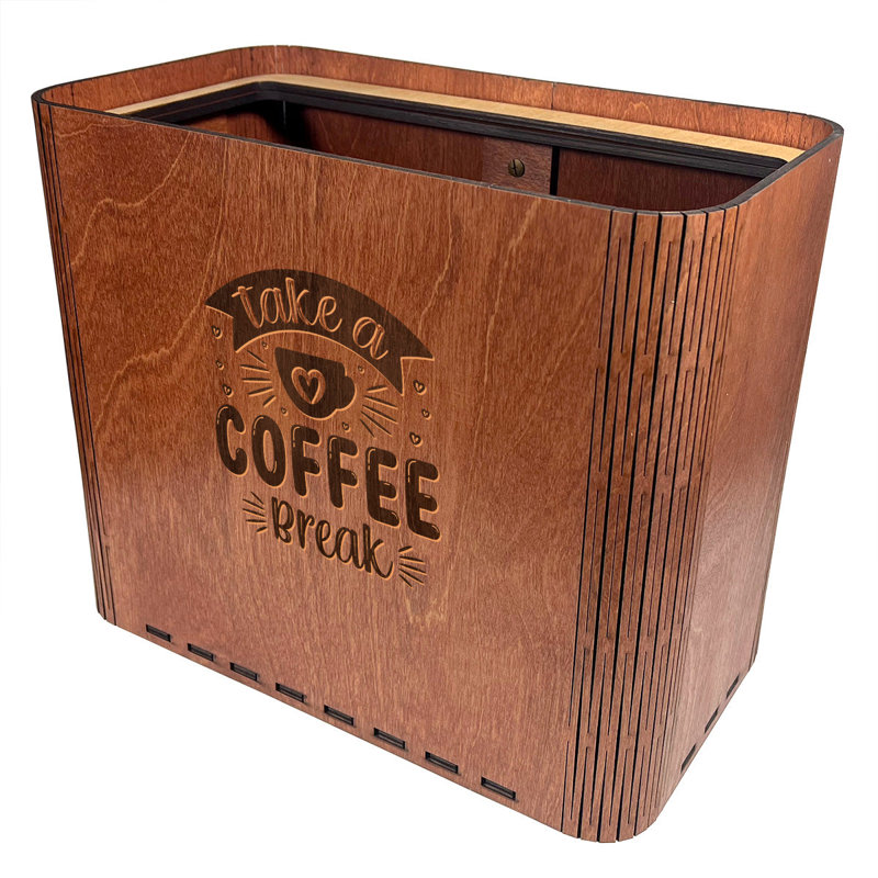 Slim Trash Can - "Take a Coffee Break" - Wooden Garbage Bin