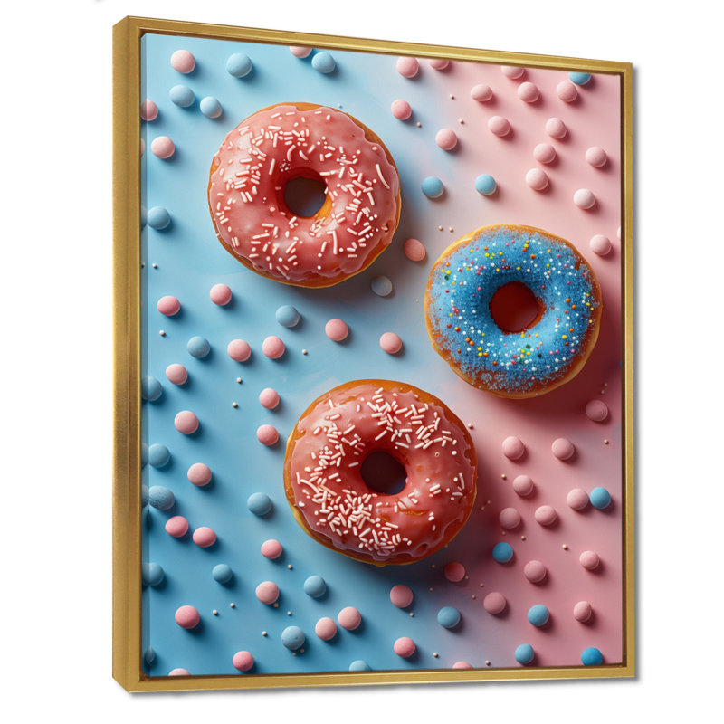 Délicieuse rose et bleue Sparkle Donuts III, Toile avec cadre flottant or, H 32 po x l 24 po x P 1 po