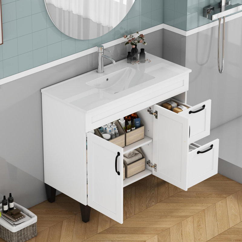 Meuble-lavabo blanc spacieux avec évier, panneau de particules durable, détails noirs modernes pour la salle de bain