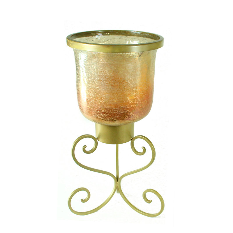 20.5" Metal And Glass Hurricane With Scroll Metal Stand Centerpiece, Gold