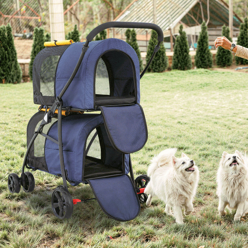 Foldable Pet Stroller with Double Detachable Carriers, Folding Dog Cat Jogger Stroller with Tether, Blue/Yellow