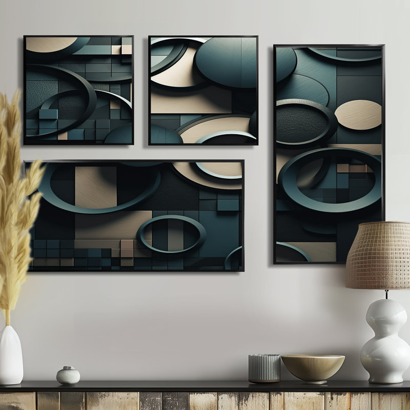 Teal Teal Fragmented Forms - Cubisme abstrait, art mural 4 pièces, Noir, Impression encadrée sans passe-partout