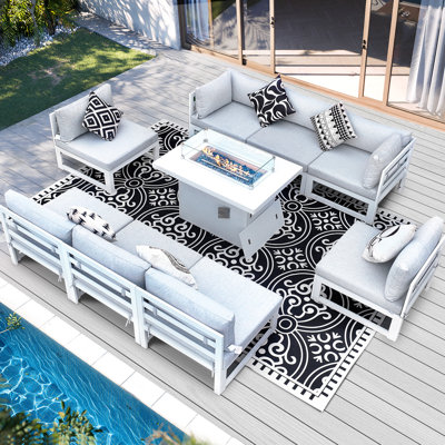 Modern 9-Piece Aluminum Patio Conversation Set with Propane Fire Pit Table, 500lb Capacity Heavy-Duty Outdoor Sectional Set with Cushions