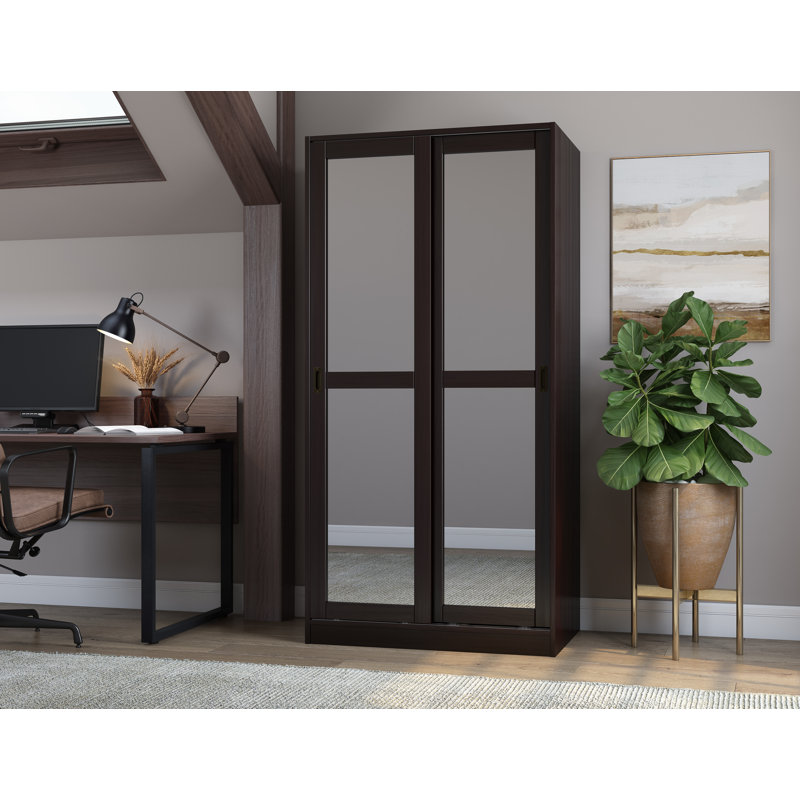 Armoire-penderie 100% bois massif à 2 portes coulissantes avec portes en miroir, Café