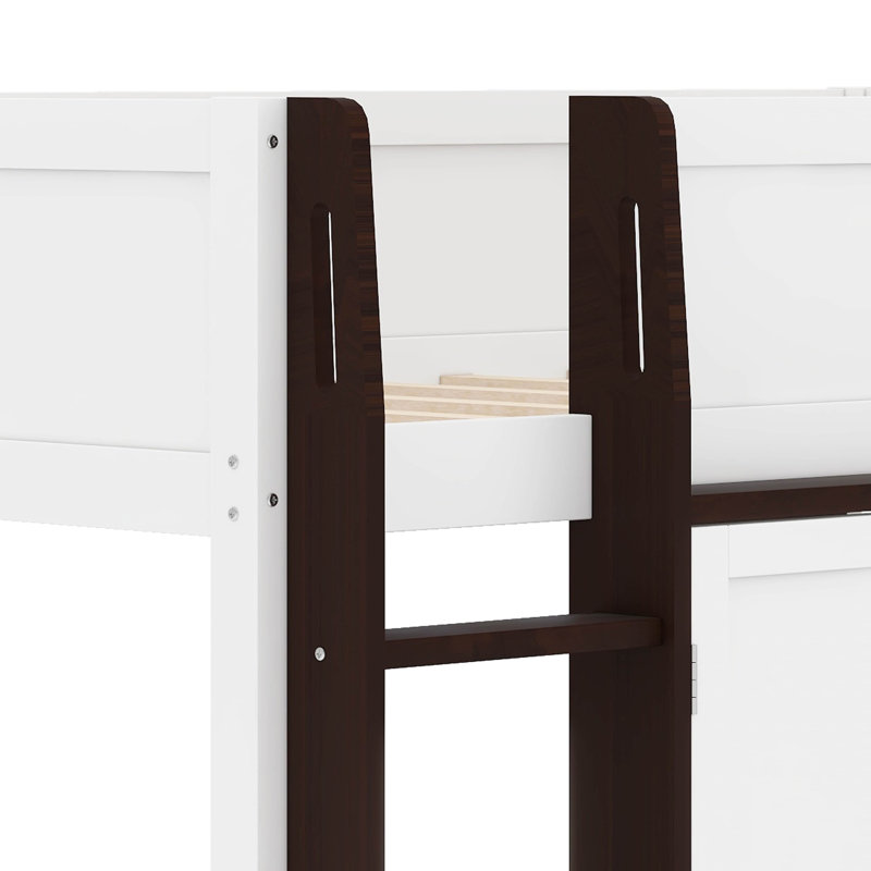 Full Low Loft Bed With Storage, Door And Window, Wood Playhouse Bed Frame With Storage, White/Espresso
