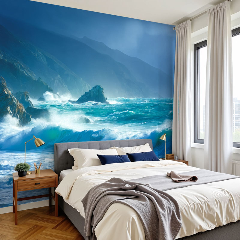 Papier peint auto-adhésif Beach Ocean Teal, L 144 po x l 100 po