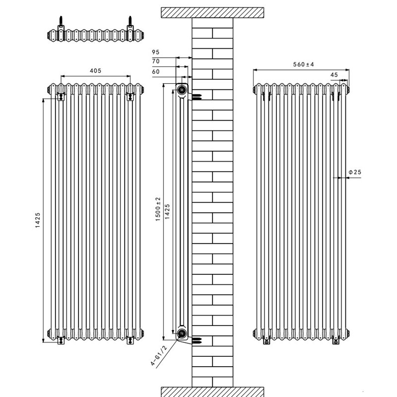 Brunner Vertical Traditional Column Radiator, 1500mm H x560mm W x 70mm D