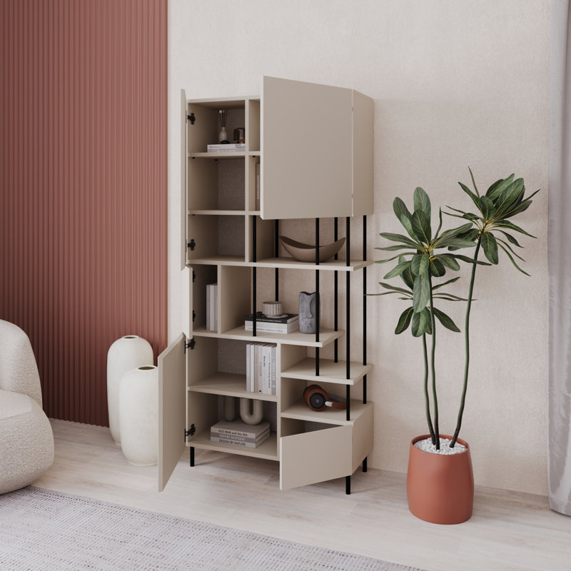 Key Modern Bookcase Display Unit with Closed Cabinets and Open Shelves, Sandstone