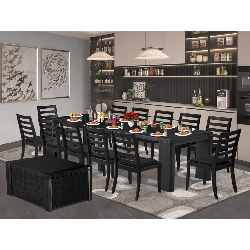 14-piece Modern Dining Table Set a Rectangular Xtenczar Dining Table with a coffee Table and 12 Black Linen Fabric Stackable Chair, Wire Brushed Black Finish.