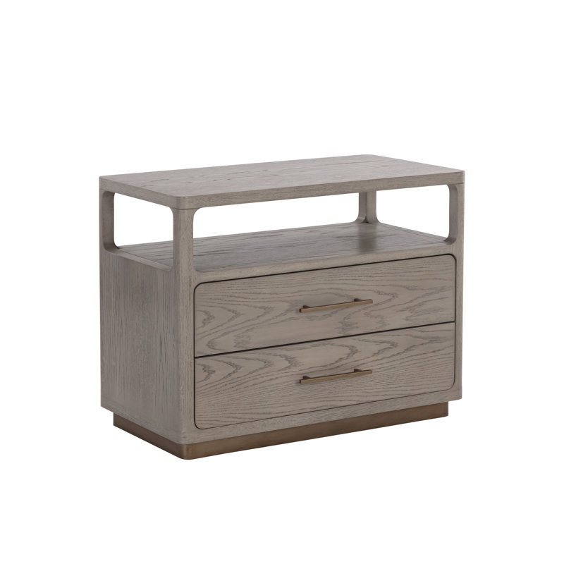 Gray Oak Veneer Nightstand with Brass Hardware
