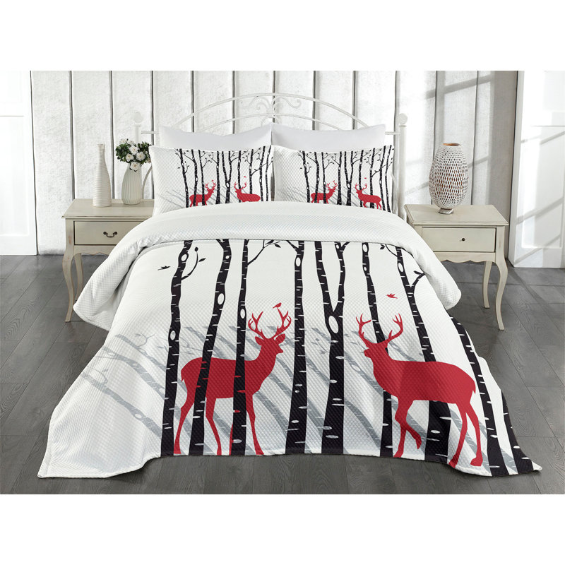 Ambesonne Antlers Bedspread Deer Tree Forest Bird, King Bedspread + 2 Standard Shams