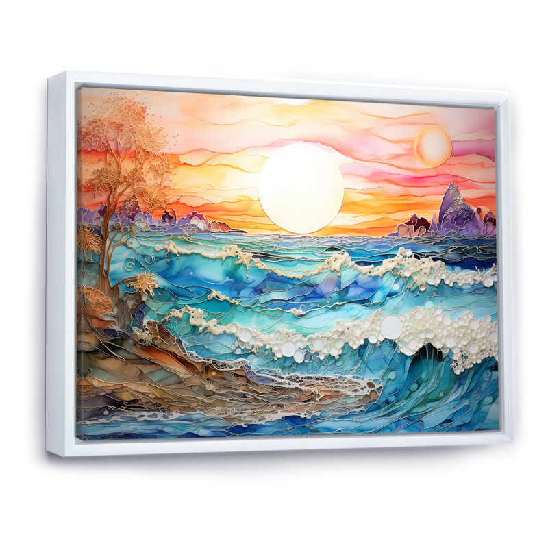 Rainbow Ocean Sunrise - art mural océan, H 12 po x l 20 po x P 1 po, Cadre flottant blanc