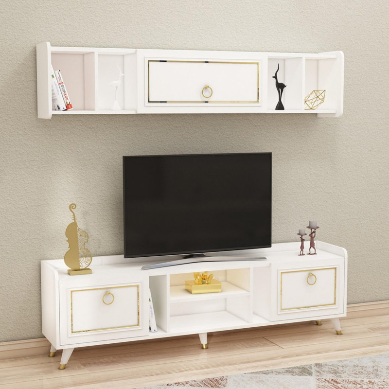 Modern TV Unit with Iron Legs, White & Gold | 100% Melamine Coated Particle Board - Upper Module: 70.9 x 15.7 x 10.6 inches, Sub Module: 59.1 x 21.7 x 13.8 inches | Stylish & Functional Storage Solution for Living Room