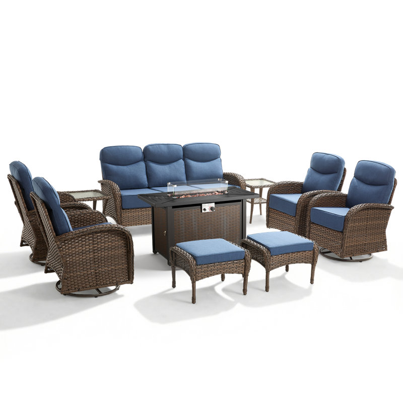 Ensemble de conversation d'extérieur en osier 10 pièces avec chaises pivotantes et table de foyer d'extérieur, Bleu, Brun