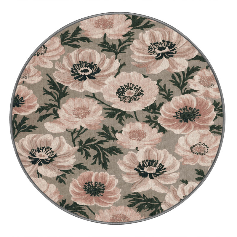 Tapis gris botanique lavable à la machine, Rond 3 pi