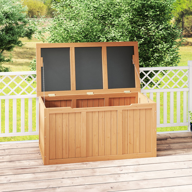 67 Gallon Solid Wood Deck Box For Porches And Poolside, Featuring A Thumb Groove Hinged Lid, 5.31 In Package Height Patios, To Avoid Hand Clamping,