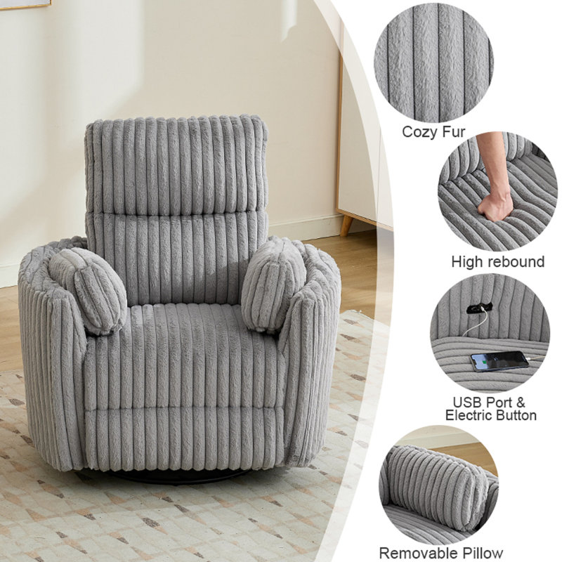 Power Recliner Glider Chair With Type-c Port For Living Room, Gray Faux Fur