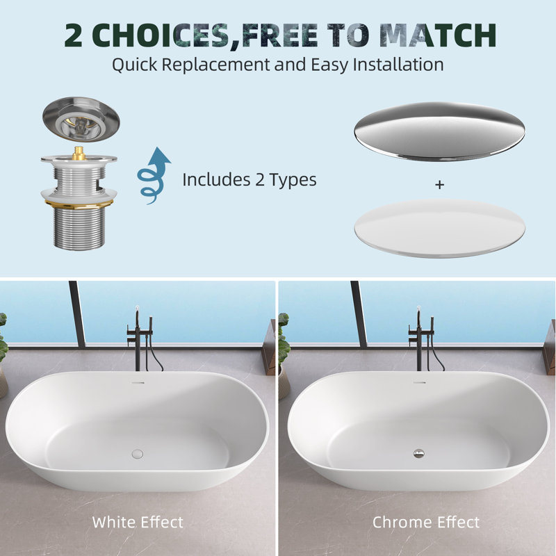 63 in. L X 31 in. W Solid Surface Freestanding Soaking Modern Bathtub With Center Drain Overflow  in Matte  White