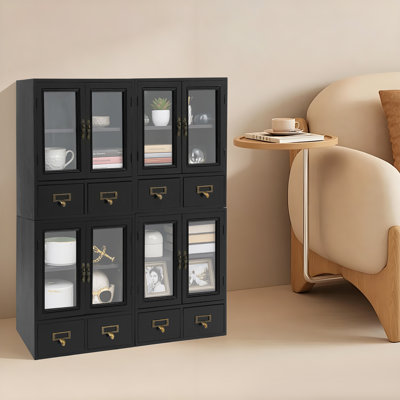4pcs Mini Cupboards Black Stackable Storage Cabinet Vintage Desktop Wooden Display Cabinet for Kitchen Pantry Bathroom Office