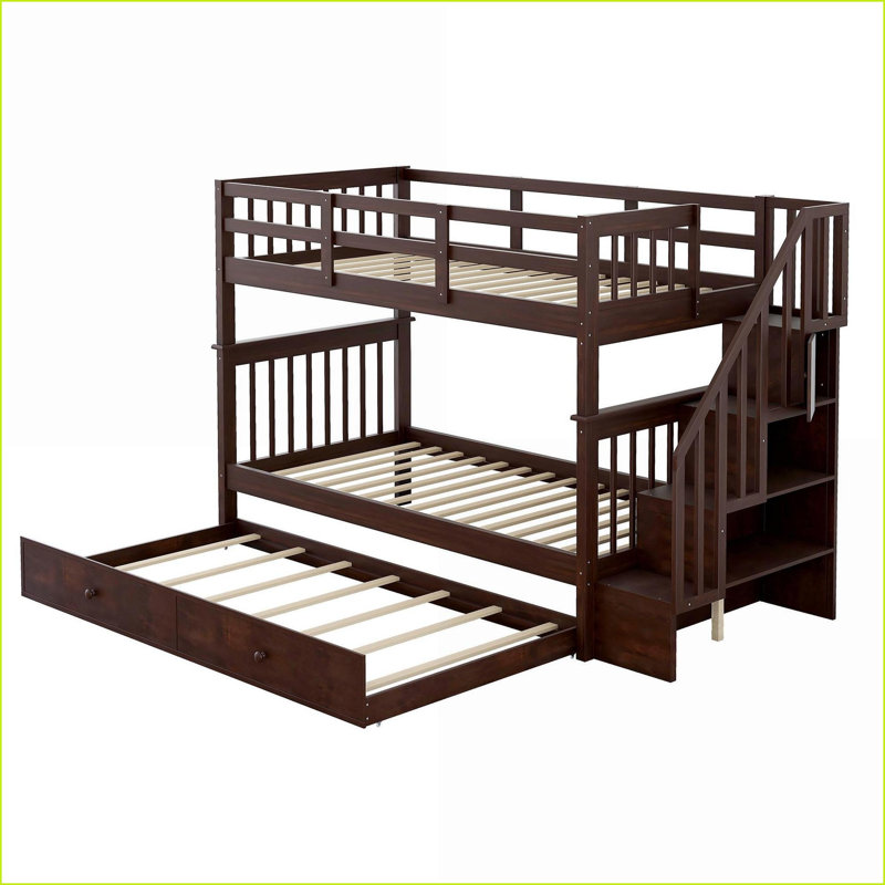 Twin-Over-Twin Pinewood Bunk Bed with Stair Storage No Box Spring Needed Espresso for Bedroom Dorm Adults, Espresso