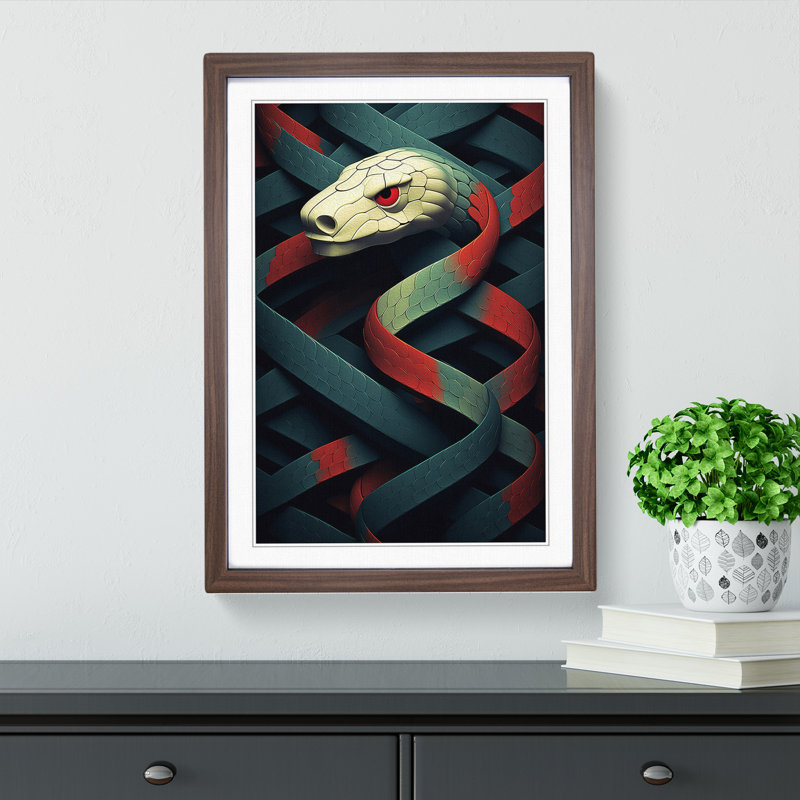 Snake Geometric - Single Picture Frame Print on Wood, 64cm H x 46cm W x 2cm D, Walnut