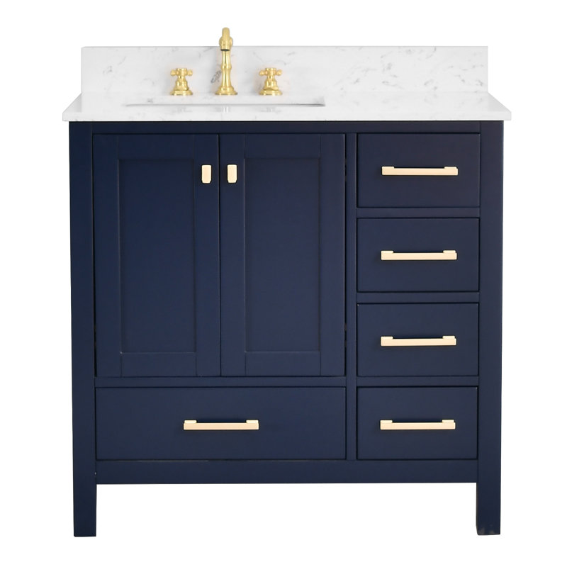 Meuble-lavabo de 36 po avec plateau en pierre reconstituée, Bleu, Or brossé