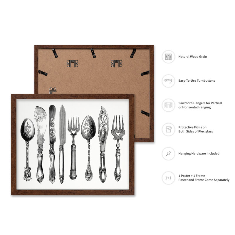 Silverware Cutlery, Poster, 08"H x 10"W, Brown Framed