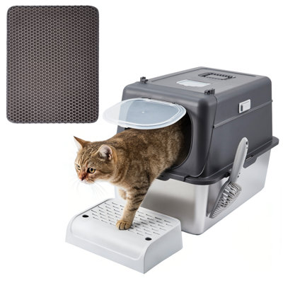 Stainless Steel Cat Litter Box - Enclosed Design, 15cm Depth, Dark Gray, Durable Cat Litter Container, Cat Toilet Box