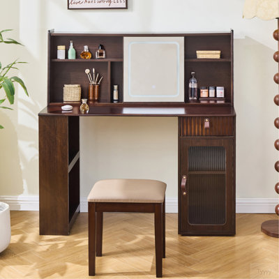 Meuble-lavabo élégant avec miroir réglable réglable 3 modes, coiffeuse moderne avec grandes tablettes, tiroir et poubelle, noyer