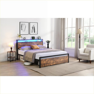 Industrial Style Queen Platform Bed With Under-Bed Storage and Built-In Charging Station, Jet Black MDF and Steel Construction