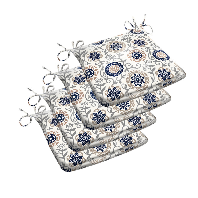 Trapezoid Water-repellent Seat Pad Set of 4, Beige/Blue Geometric