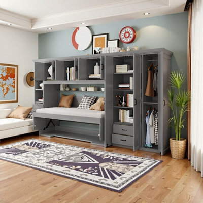 Lit simple escamotable avec armoire de bureau et armoires de rangement