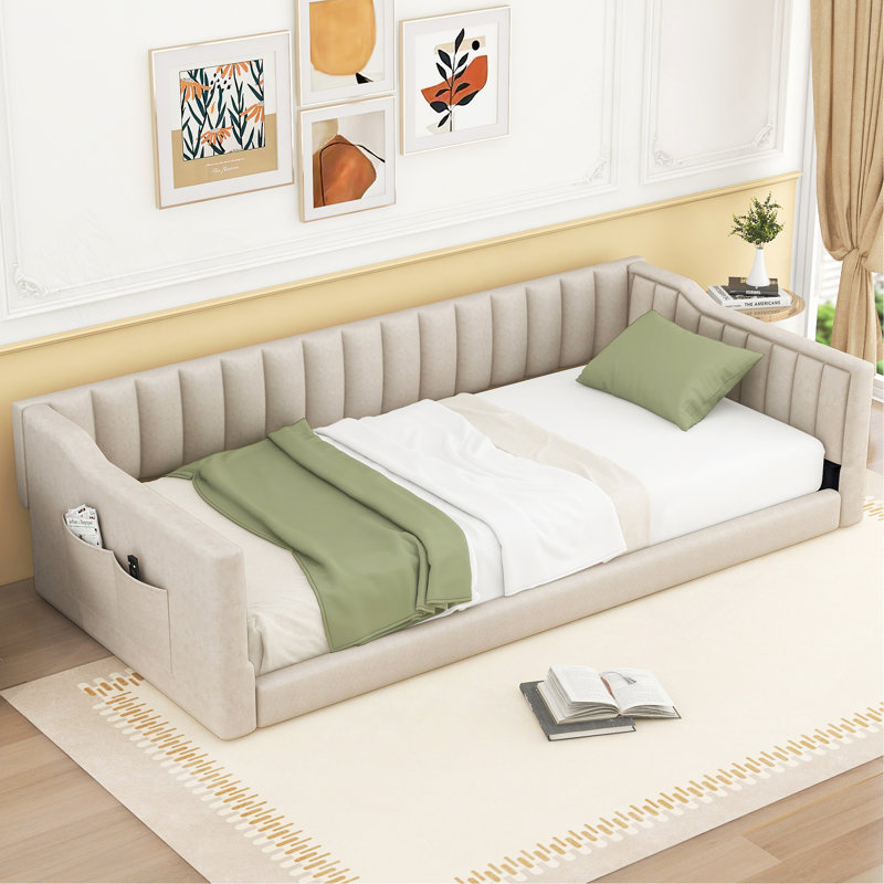 Upholstery Daybed And Side Storage Pocket,Beige