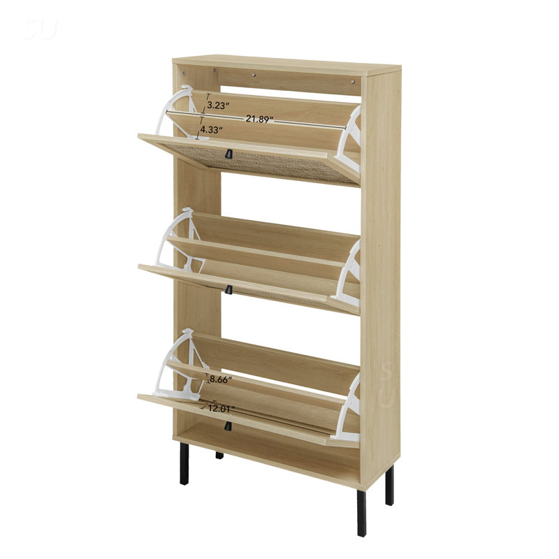 Rattan 3 Door Shoe Rack, Freestanding Modern Shoe Storage Cabinet With Durable And Moisture-Proof Design, Natural