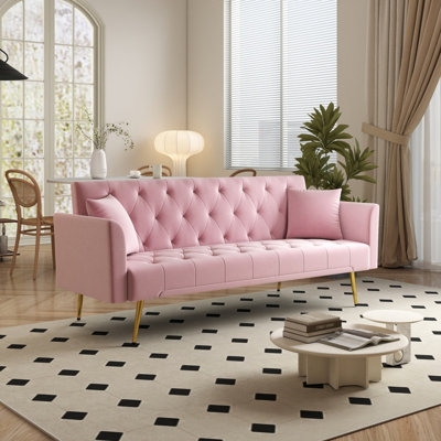 72 Inch Pink Velvet Sleeper Sofa, American Retro Tufted Convertible Foldable Sofa Bed, Multifunctional Upholstered Couch for Small Living Room, Bedroom and Home Office