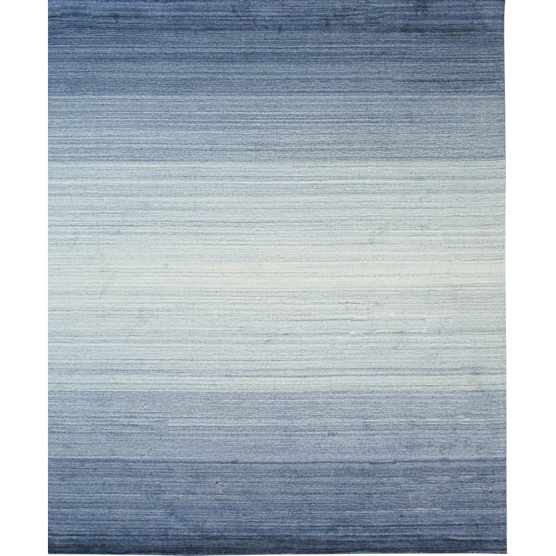 8x10 Blue Hand-Knotted Wool Subtle Ombre Stripes Modernist Contemporary Carpet Rug