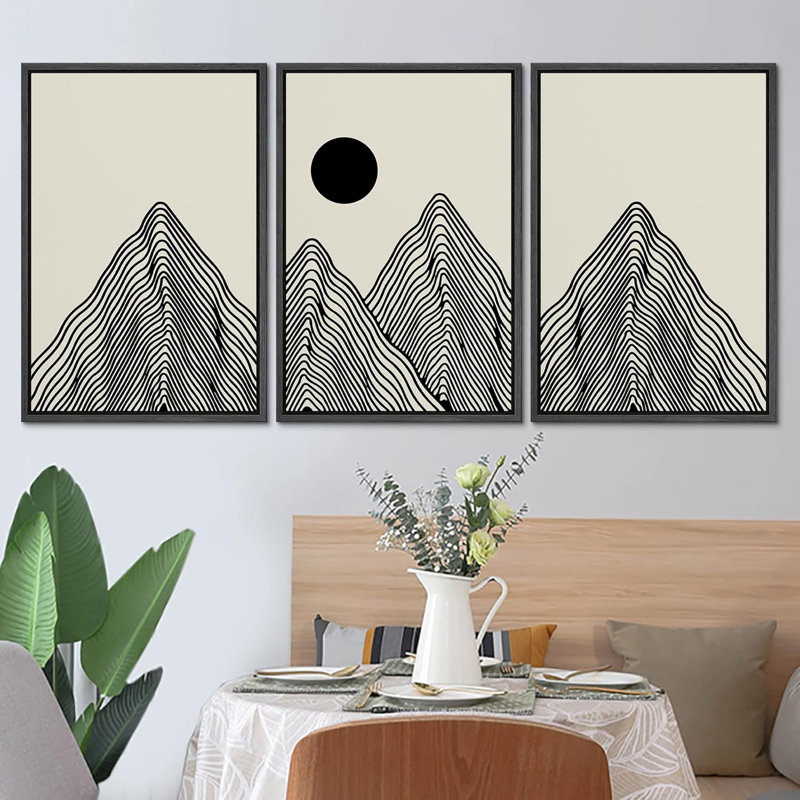 Art mural Mid-Century moderne bohème minimaliste abstrait montagne soleil encadré sur toile, 3 pièces, H 36 po x l 72 po