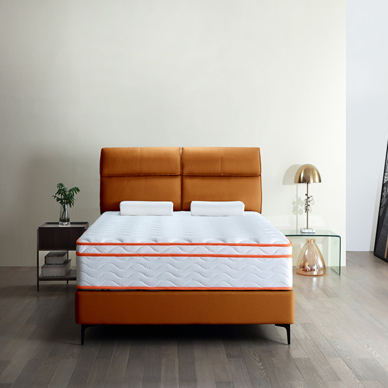 Matelas double 10 po, mi-ferme avec mousse à mémoire de forme et ressorts ensachés, relief, isolement de mouvement, fibre de verre, taille douce et confortable, confortable, blanc et orange