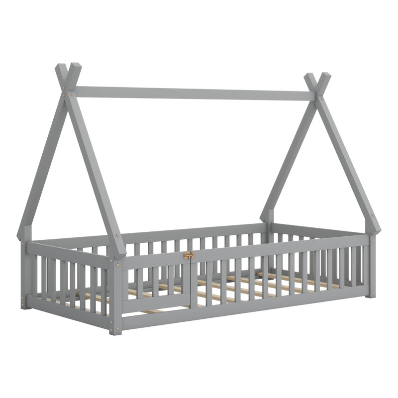 Tent-Shaped Floor Bed, With Guardrails,Slats, Door, Grey
