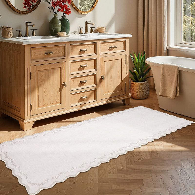 Floral Scalloped Non Slip Washable Area Rug for Living Room Bedroom, Low Pile  Thin Solid Home Decor Carpet, Runner 2' x 6'
