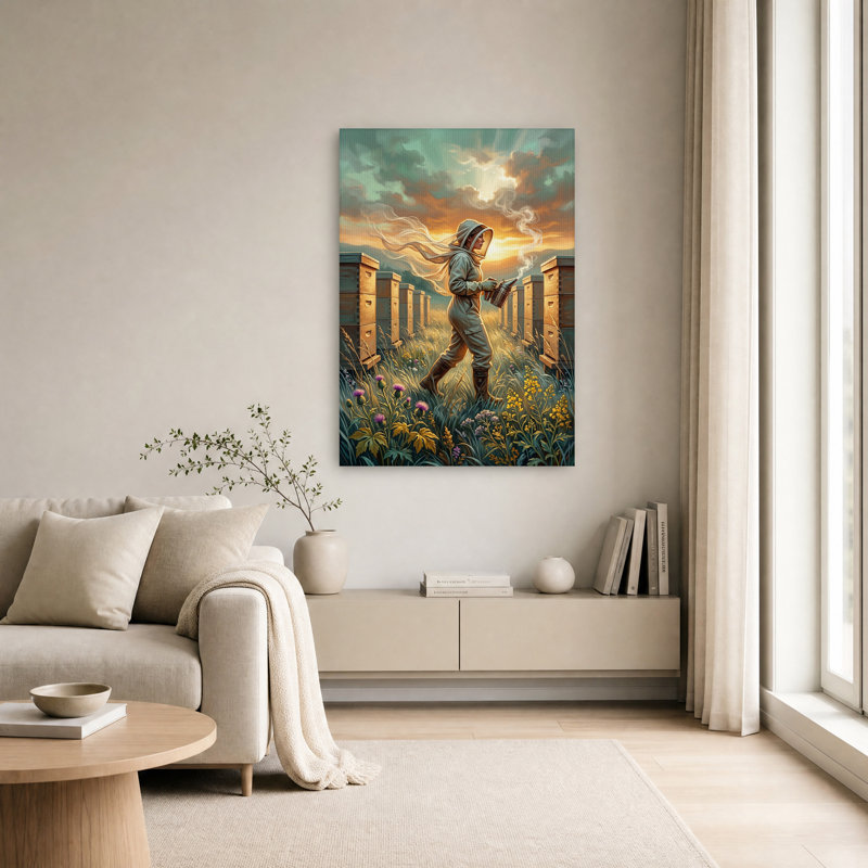 «Beekeeper Walking Entre Wooden Hives at Sunset», art mural sur toile, H 18 po x l 12 po